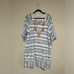 Crown & Ivy Blue/White Gauzy Lightweight Embroidered Striped Dress Size XL